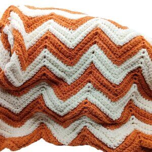 Orange and White Chevron Oversized Afghan Throw, Hand Knitted or Crocheted Rippl
